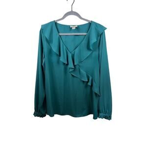 LOFT Green V-Neck Long Sleeve Blouse Size Large